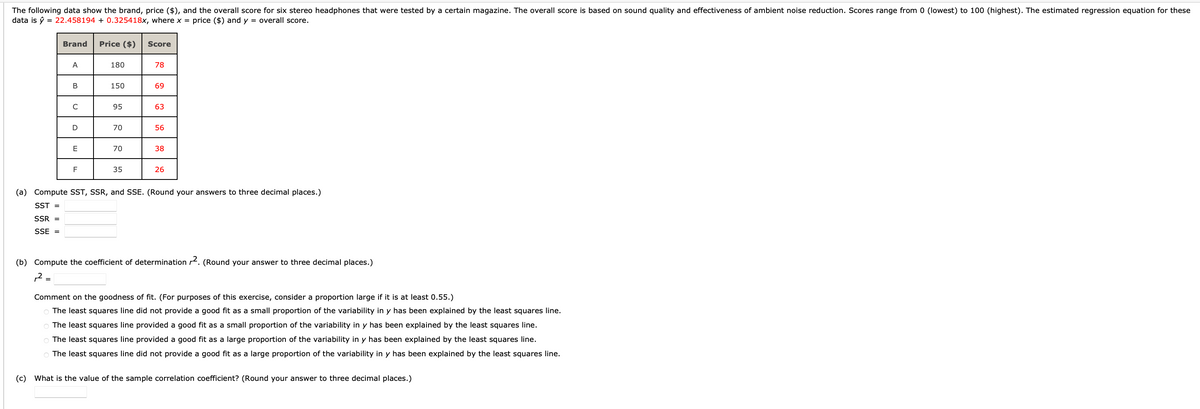 The following data show the brand, price ($), and the overall score for six stereo headphones that were tested by a certain magazine. The overall score is based on sound quality and effectiveness of ambient noise reduction. Scores range from 0 (lowest) to 100 (highest). The estimated regression equation for these
data is ý = 22.458194 + 0.325418x, where x = price ($) and y = overall score.
SSR =
SSE =
Brand Price ($)
A
=
B
C
D
E
F
180
150
95
70
70
35
Score
78
69
63
56
38
(a) Compute SST, SSR, and SSE. (Round your answers to three decimal places.)
SST =
26
(b) Compute the coefficient of determination r2. (Round your answer to three decimal places.)
Comment on the goodness of fit. (For purposes of this exercise, consider a proportion large if it is at least 0.55.)
o The least squares line did not provide a good fit as a small proportion of the variability in y has been explained by the least squares line.
The least squares line provided a good fit as a small proportion of the variability in y has been explained by the least squares line.
o The least squares line provided a good fit as a large proportion of the variability in y has been explained by the least squares line.
The least squares line did not provide a good fit as a large proportion of the variability in y has been explained by the least squares line.
(c) What is the value of the sample correlation coefficient? (Round your answer to three decimal places.)