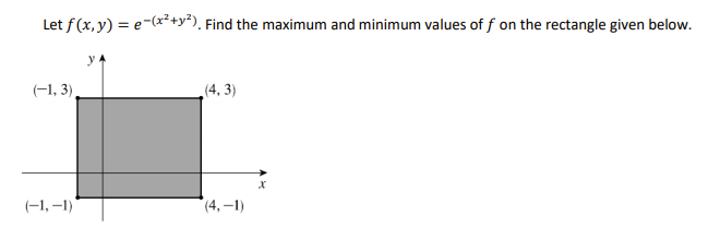 Let f(x, y) = e-(x²+y*), Find the maximum and minimum values of f on the rectangle given below.
(-1, 3),
(4, 3)
(-1, –1)
(4, –1)
