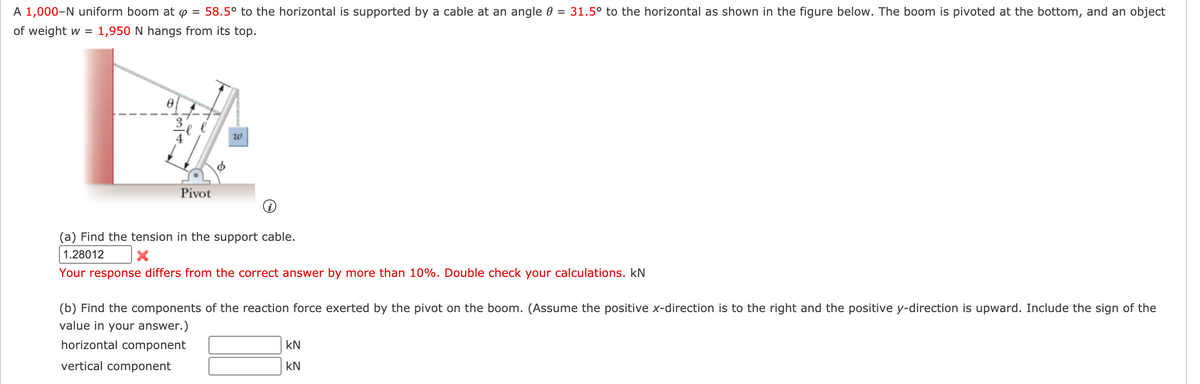 ### Mechanics of a Uniform Boom Supported by a Cable

**Problem Statement:**
A 1,000-N uniform boom is angled at φ = 58.5° to the horizontal. It is supported by a cable at an angle θ = 31.5° to the horizontal. The boom is pivoted at the bottom, and it supports an object with a weight w = 1,950 N hanging from its top.

**Diagram Explanation:**
- The diagram shows the setup described in the problem, with the boom fixed at a pivot point on the bottom left.
- The cable is attached from the top of the boom to an anchor point, creating the angle θ.
- The angles φ and θ are marked for reference.
- Lines indicate horizontal and vertical components of forces for aiding in calculation.

**Tasks:**
(a) Calculate the tension in the support cable.

**Provided Answer:** 
- Initial Answer: 1.28012 kN
- Feedback indicates this answer is incorrect and should be rechecked.

(b) Determine the components of the reaction force exerted by the pivot on the boom. Assume the positive x-direction is to the right and the positive y-direction is upward. 

**Components Needed:**
- Horizontal Component (kN)
- Vertical Component (kN)

**Solution Approach:**
1. Use the principles of static equilibrium, noting that for a system in equilibrium, the sum of forces and the sum of moments (torques) must be zero.
2. Break each force into its horizontal and vertical components.
3. Analyze the forces along each direction and set up equations to solve for tension in the cable and reaction forces at the pivot.

Ensure all calculations are precise and double-check each step to meet the problem's requirements.