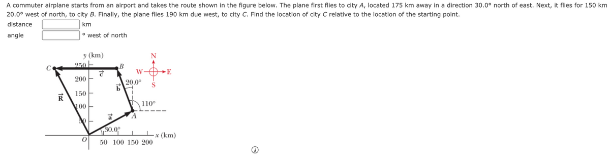 ### Airplane Navigation Problem

#### Problem Statement:
A commuter airplane starts from an airport and takes the route shown in the figure below. The plane first flies to city A, located 175 km away in a direction 30.0° north of east. Next, it flies for 150 km 20.0° west of north, to city B. Finally, the plane flies 190 km due west, to city C. Find the location of city C relative to the location of the starting point.

#### Inputs:
- Distance covered during each leg of the trip.
- Angles indicating the direction of each leg of the trip relative to cardinal directions.

#### Inputs to Find:
- Distance: ______ km
- Angle: ______ ° west of north

#### Diagram Explanation:
The diagram represents the path taken by the airplane on an xy-coordinate system:

1. **Starting Point \( O \):** The initial point of the airplane.
2. **Segment \( \vec{a} \):** The airplane travels 175 km from point \( O \) to point \( A \) in a direction of 30.0° north of east.
   - Vector \( \vec{a} \): 
     - Magnitude: 175 km
     - Direction: 30.0° north of east
3. **Segment \( \vec{b} \):** From point \( A \), the airplane travels 150 km to point \( B \) in a direction of 20.0° west of north.
   - Vector \( \vec{b} \):
     - Magnitude: 150 km
     - Direction: 20.0° west of north
4. **Segment \( \vec{c} \):** From point \( B \), the airplane flies 190 km due west to point \( C \).
   - Vector \( \vec{c} \):
     - Magnitude: 190 km
     - Direction: Due west (270° from north)

#### Coordinate System:
- The x-axis represents the east-west direction (positive x towards east).
- The y-axis represents the north-south direction (positive y towards north).
- Angles are measured from the north direction (upward y-axis).

The coordinate positions to be found are \( x \) and \( y \) coordinates of city C relative to the starting point \( O \).

Important notations:
- \( \vec{R} \