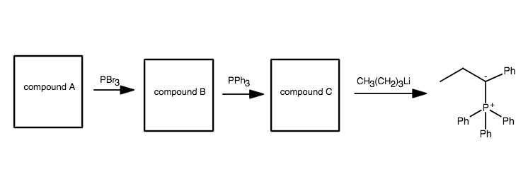 PPh3
B+B+B~X
compound B
compound C
compound A
PBr3
CH3(CH2)3Li
Ph
Ph
Ph
Ph