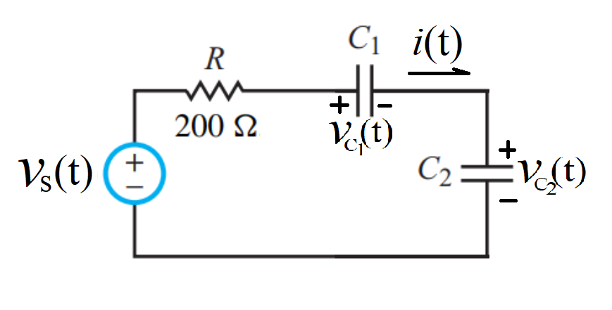 Vs(t)
+1
R
www
200 £2
C₁ i(t)
HE
Vc(t)
+
C₂=
+
V₂(t)