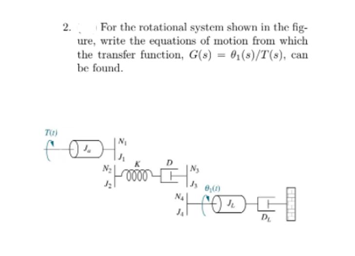 2.
For the rotational system shown in the fig-
ure, write the equations of motion from which
the transfer function, G(s) = 01(s)/T(s), can
%3D
be found.
Tt)
N2
N3
DL
