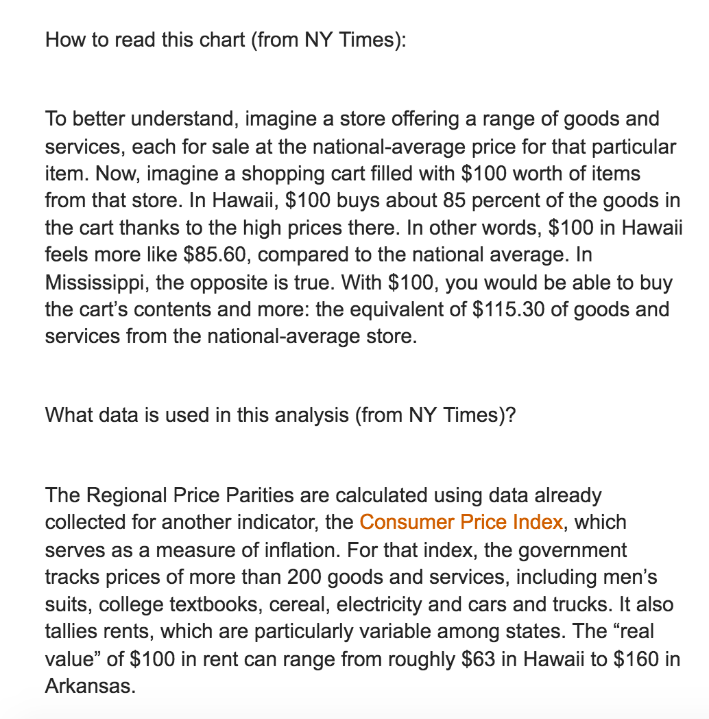 How to read this chart (from NY Times):
To better understand, imagine a store offering a range of goods and
services, each for sale at the national-average price for that particular
item. Now, imagine a shopping cart filled with $100 worth of items
from that store. In Hawaii, $100 buys about 85 percent of the goods in
the cart thanks to the high prices there. In other words, $100 in Hawaii
feels more like $85.60, compared to the national average. In
Mississippi, the opposite is true. With $100, you would be able to buy
the cart's contents and more: the equivalent of $115.30 of goods and
services from the national-average store.
What data is used in this analysis (from NY Times)?
The Regional Price Parities are calculated using data already
collected for another indicator, the Consumer Price Index, which
serves as a measure of inflation. For that index, the government
tracks prices of more than 200 goods and services, including men's
suits, college textbooks, cereal, electricity and cars and trucks. It also
tallies rents, which are particularly variable among states. The "real
value" of $100 in rent can range from roughly $63 in Hawaii to $160 in
Arkansas.
