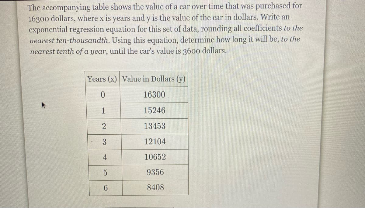 The accompanying table shows the value of a car over time that was purchased for
16300 dollars, where x is years and y is the value of the car in dollars. Write an
exponential regression equation for this set of data, rounding all coefficients to the
nearest ten-thousandth. Using this equation, determine how long it will be, to the
nearest tenth of a year, until the car's value is 3600 dollars.
Years (x) Value in Dollars (y)
16300
15246
2
13453
3
12104
4
10652
9356
6.
8408
