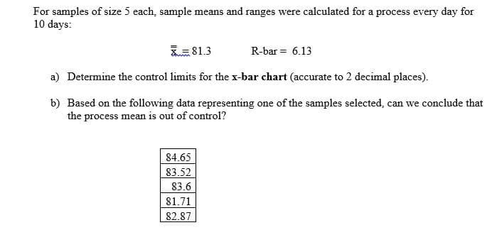 For samples of size 5 each, sample means and ranges were calculated for a process every day for
10 days:
E 81.3
R-bar = 6.13
a) Determine the control limits for the x-bar chart (accurate to 2 decimal places).
b) Based on the following data representing one of the samples selected, can we conclude that
the process mean is out of control?
84.65
83.52
83.6
81.71
82.87
