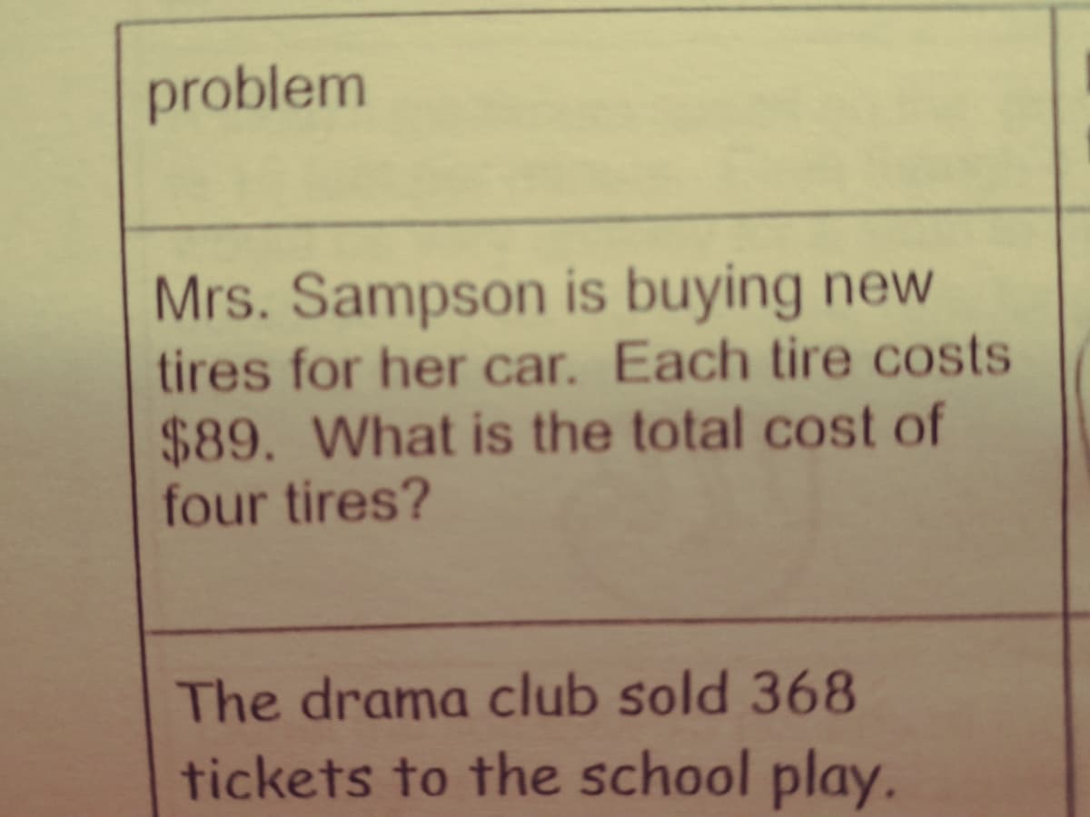 problem
Mrs. Sampson is buying new
tires for her car. Each tire costs
$89. What is the total cost of
four tires?
The drama club sold 368
tickets to the school play.
