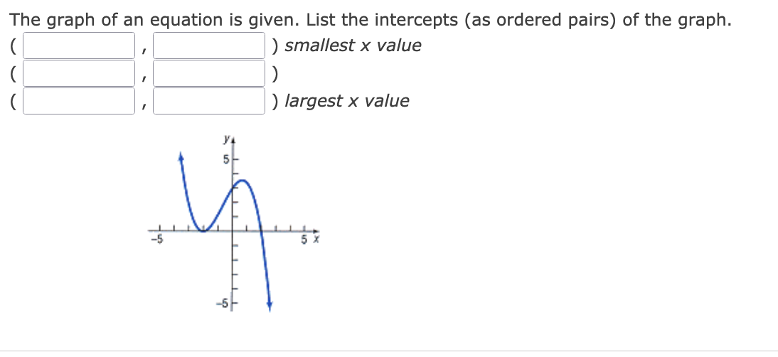 The graph of an equation is given. List the intercepts (as ordered pairs) of the graph.
) smallest x value
) largest x value
5 X
