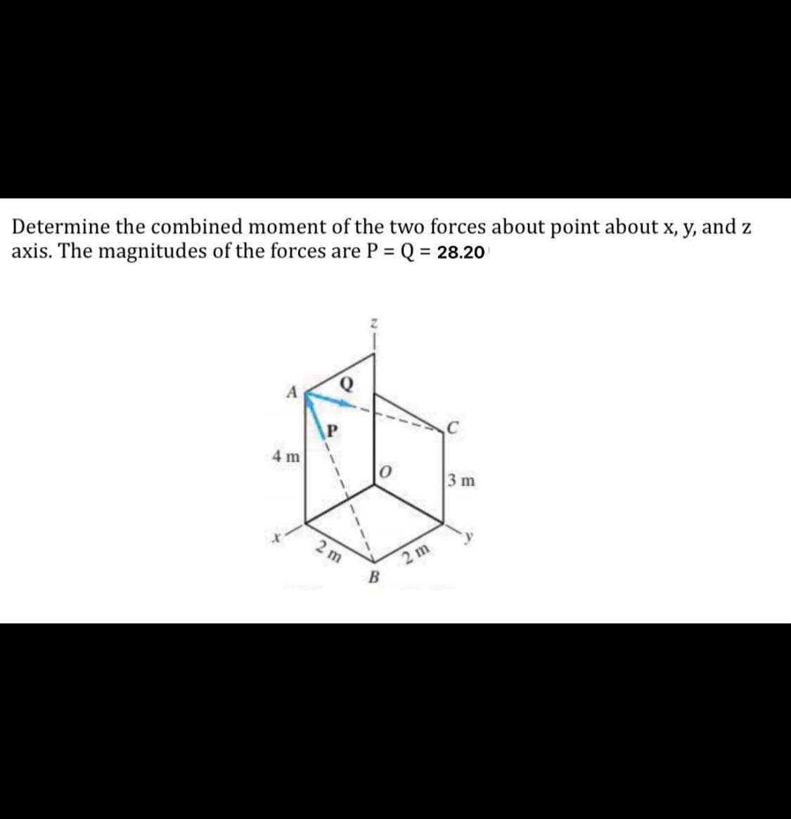 Determine the combined moment of the two forces about point about x, y, and z
axis. The magnitudes of the forces are P = Q = 28.20
4 m
1.
3 m
2 m
2 m
B
