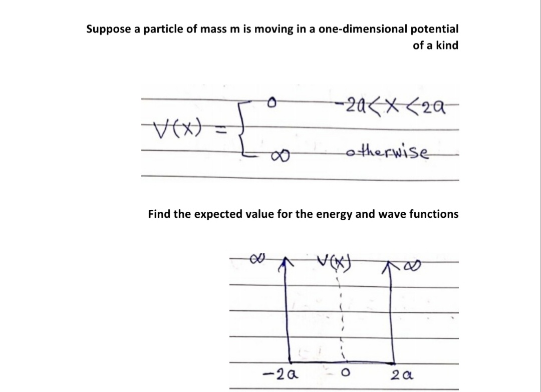 Suppose a particle of mass m is moving in a one-dimensional potential
of a kind
-24<x<2a-
%3D
otherwise
Find the expected value for the energy and wave functions
-2a
2 a
