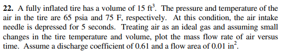 22. A fully inflated tire has a volume of 15 ft’. The pressure and temperature of the
air in the tire are 65 psia and 75 F, respectively. At this condition, the air intake
needle is depressed for 5 seconds. Treating air as an ideal gas and assuming small
changes in the tire temperature and volume, plot the mass flow rate of air versus
time. Assume a discharge coefficient of 0.61 and a flow area of 0.01 in?.
