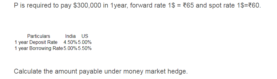 P is required to pay $300,000 in 1year, forward rate 1$ = 765 and spot rate 1$=760.
Particulars
India US
1 year Deposit Rate
1 year Borrowing Rate 5.00% 5.50%
4.50% 5.00%
Calculate the amount payable under money market hedge.
