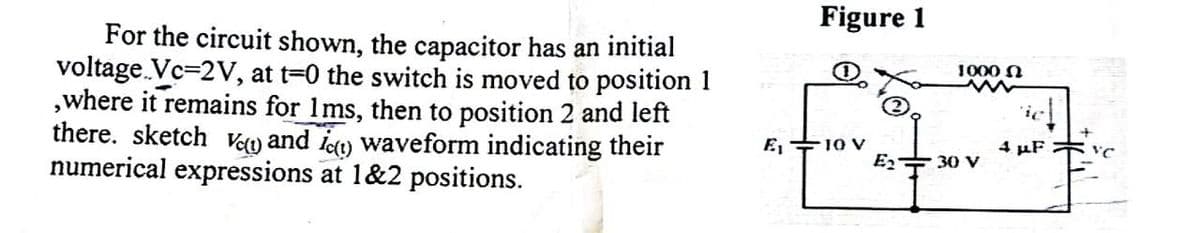 Figure 1
For the circuit shown, the capacitor has an initial
voltage.Vc=2V, at t-0 the switch is moved to position 1
,where it remains for 1ms, then to position 2 and left
there. sketch Vu and Io) waveform indicating their
numerical expressions at 1&2 positions.
1000 N
E, +10 V
E2
4 µF
30 V
