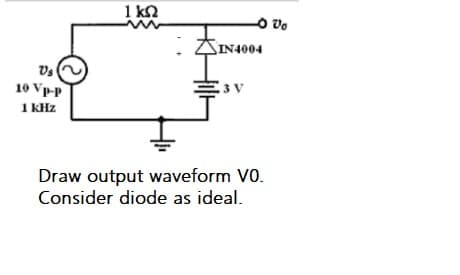 1 k2
Vo
SIN4004
Vs
3 V
10 Vp-p
1 KHz
Draw output waveform V0.
Consider diode as ideal.
