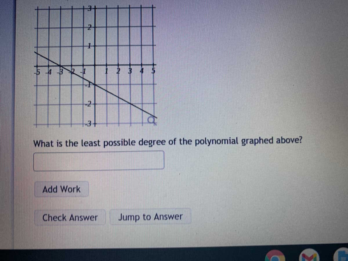 2 3 4
-2
-3+
What is the least possible degree of the polynomial graphed above?
Add Work
Check Answer
Jump to Answer
