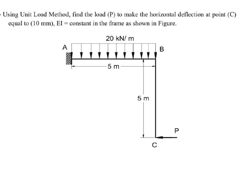 Using Unit Load Method, find the load (P) to make the horizontal deflection at point (C)
equal to (10 mm), EI = constant in the frame as shown in Figure.
20 kN/m
A
-5m-
5 m
C
B
P