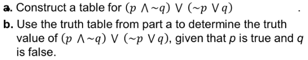 a. Construct a table for (p ^^~q) V (~p V q)
b. Use the truth table from part a to determine the truth
value of (p A~q) V (~p V q), given that p is true and q
is false.
