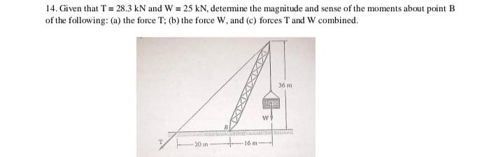 14. Given that T = 28.3 kN and W = 25 kN, determine the magnitude and sense of the moments about point B
of the following: (a) the force T; (b) the force W, and (c) forces T and W combined.
36 m
16 m
20 in
