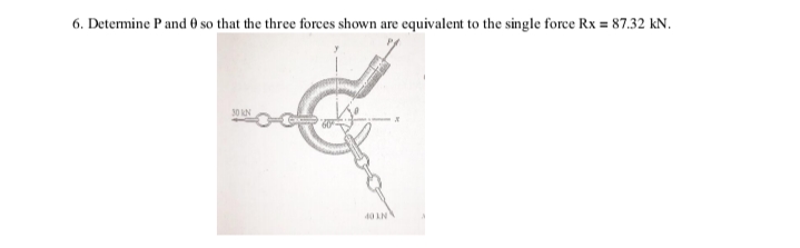 6. Determine Pand 0 so that the three forces shown are equivalent to the single force Rx = 87.32 kN.
30 kN
40 LN
