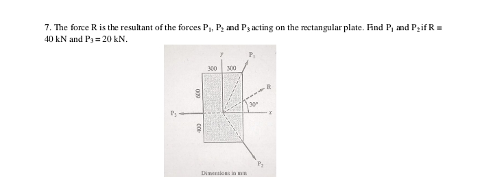 7. The force R is the resultant of the forces P1, P2 and P3 acting on the rectangular plate. Find P, and P2if R =
40 kN and P3 = 20 kN.
300
300
30
P3
Dimensions in mm
009
CO
