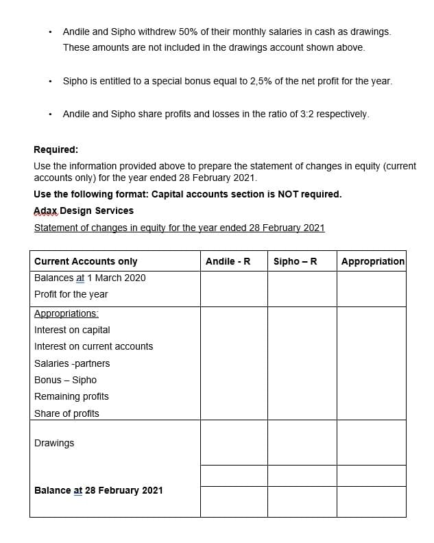 Andile and Sipho withdrew 50% of their monthly salaries in cash as drawings.
These amounts are not included in the drawings account shown above.
Sipho is entitled to a special bonus equal to 2,5% of the net profit for the year.
Andile and Sipho share profits and losses in the ratio of 3:2 respectively.
Required:
Use the information provided above to prepare the statement of changes in equity (current
accounts only) for the year ended 28 February 2021.
Use the following format: Capital accounts section is NOT required.
Adax Design Services
Statement of changes in equity for the year ended 28 February 2021
Current Accounts only
Appropriation
Andile -R
Sipho - R
Balances at 1 March 2020
Profit for the year
Appropriations:
Interest on capital
Interest on current accounts
Salaries -partners
Bonus – Sipho
Remaining profits
Share of profits
Drawings
Balance at 28 February 2021
