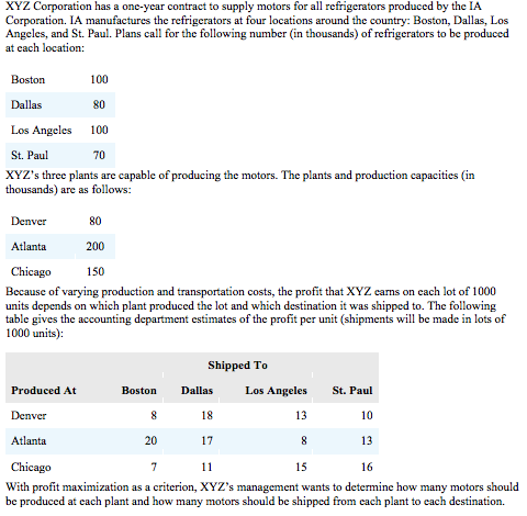 XYZ Corporation has a one-year contract to supply motors for all refrigerators produced by the IA
Corporation. IA manufactures the refrigerators at four locations around the country: Boston, Dallas, Los
Angeles, and St. Paul. Plans call for the following number (in thousands) of refrigerators to be produced
at each location:
Boston
100
Dallas
80
Los Angeles
100
St. Paul
70
XYZ's three plants are capable of producing the motors. The plants and production capacities (in
thousands) are as follows:
Denver
80
Atlanta
200
Chicago
Because of varying production and transportation costs, the profit that XYZ carns on cach lot of 1000
units depends on which plant produced the lot and which destination it was shipped to. The following
table gives the accounting department estimates of the profit per unit (shipments will be made in lots of
1000 units):
150
Shipped To
Produced At
Boston
Dallas
Los Angeles
St. Paul
Denver
8
18
13
10
Atlanta
20
17
8
13
Chicago
11
15
16
With profit maximization as a criterion, XYZ's management wants to determine how many motors should
be produced at cach plant and how many motors should be shipped from cach plant to cach destination.
