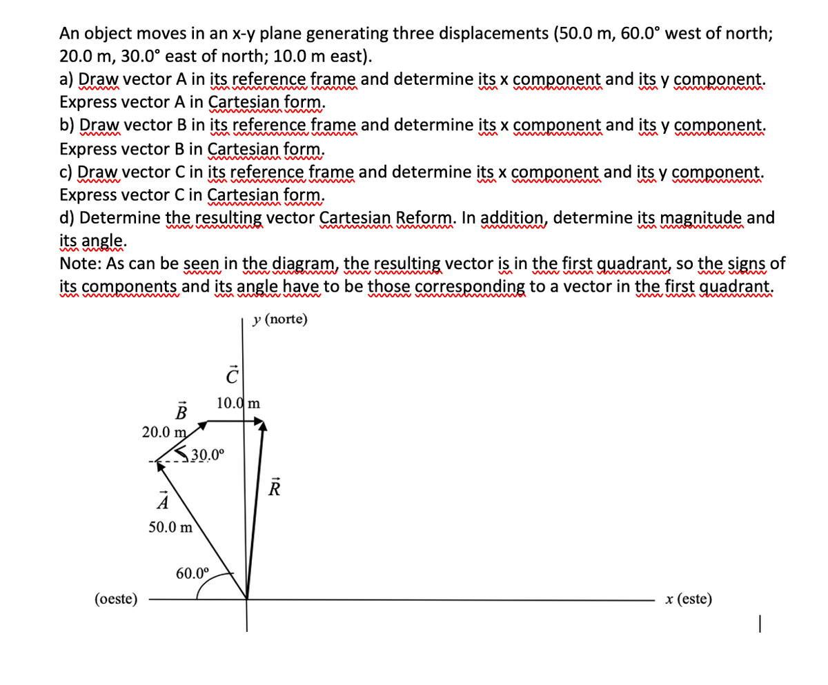 An object moves in an x-y plane generating three displacements (50.0 m, 60.0° west of north;
20.0 m, 30.0° east of north; 10.0 m east).
a) Draw vector A in its reference frame and determine its x component and its y component.
Express vector A in Cartesian form.
b) Draw vector B in its reference frame and determine its x component and its y component.
Express vector B in Cartesian form.
c) Draw vector C in its reference frame and determine its x component and its y component.
Express vector C in Cartesian form.
d) Determine the resulting vector Cartesian Reform. In addition, determine its magnitude and
its angle.
Note: As can be seen in the diagram, the resulting vector is in the first quadrant, so the signs of
its components and its angle have to be those corresponding to a vector in the first guadrant.
wwwM
wmww o w
y (norte)
10.0 m
20.0 m
<30.0°
50.0 m
60.0°
(oeste)
x (este)
