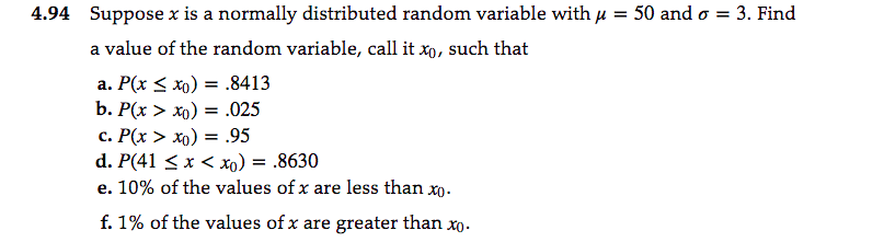 4.94 Suppose x is a normally distributed random variable with u = 50 and o = 3. Find
a value of the random variable, call it xo, such that
a. P(x < xo) = .8413
b. Р(х > хо) %3 .025
с. Р(х > хо) %3.95
d. P(41 < x < xo) = .8630
e. 10% of the values of x are less than xp.
f. 1% of the values of x are greater than xo.
