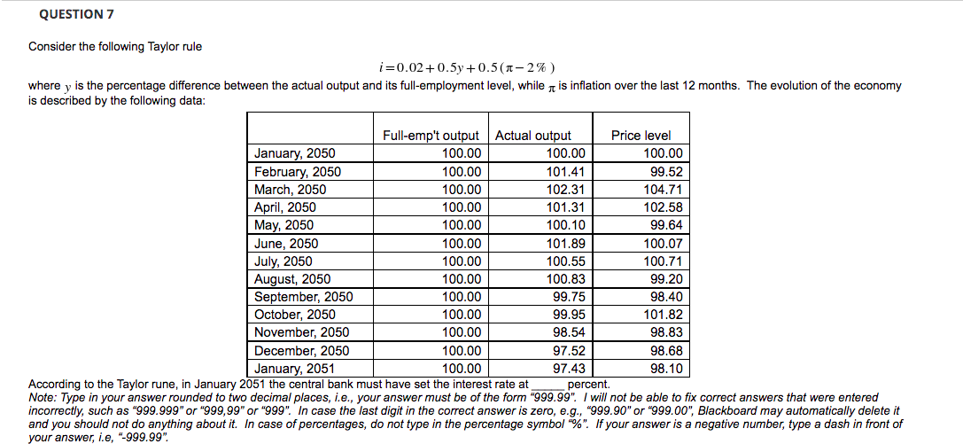 QUESTION 7
Consider the following Taylor rule
i=0.02+0.5y +0.5 (T-2% )
where y is the percentage difference between the actual output and its full-employment level, while is inflation over the last 12 months. The evolution of the economy
is described by the following data:
Full-emp't output Actual output
Price level
January, 2050
February, 2050
March, 2050
100.00
100.00
100.00
100.00
101.41
99.52
100.00
102.31
104.71
April, 2050
May, 2050
100.00
101.31
102.58
100.00
100.10
99.64
June, 2050
100.00
101.89
100.07
July, 2050
August, 2050
September, 2050
100.00
100,55
100.71
100.00
100.83
99.20
100.00
99.75
98.40
October, 2050
100.00
99.95
101.82
November, 2050
100.00
98.54
98.83
100.00
100.00
December, 2050
97.52
98.68
January, 2051
97.43
98.10
According to the Taylor rune, in January 2051 the central bank must have set the interest rate at
Note: Type in your answer rounded to two decimal places, i.e., your answer must be of the form "999.99". I will not be able to fix correct answers that were entered
incorrectly, such as "999.999" or "999,99" or "999". In case the last digit in the correct answer is zero, e.g., "999.90" or "999.00", Blackboard may automatically delete it
and you should not do anything about it. In case of percentages, do not type in the percentage symbol "%". If your answer is a negative number, type a dash in front of
your answer, i.e, "-999.99".
percent.
