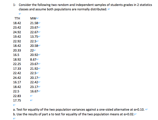 1- Consider the following two random and independent samples of students grades in 2 statistics
classes and assume both populations are normally distributed: e
TTH
MW-
21.58
23.67
18.42
23.42
24.92
22.67e
19.42
13.75e
22.92
22.5
18.42
20.58
20.33
22
16.5
20.92
18.92
8.67
22.25
23.67
17.33
21.92
22.42
22.5
24.42
20.17
16.17
22.42
18.42
23.17
22.5
16.67e
22.83
17.75
a. Test for equality of the two population variances against a one-sided alternative at a=0.10. e
b. Use the results of part a to test for equality of the two population means at a=0.02.4
