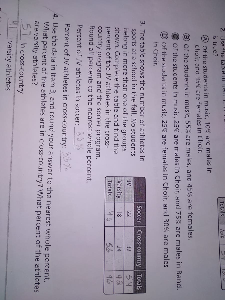 2. Use the table IN Ttem
Totals
9.
is true?
Of the students in music, 10% are males in
Choir, and 35% are females in Choir.
B Of the students in music, 55% are males, and 45% are females.
Of the students in music, 25% are males in Choir, and 75% are males in Band.
D Of the students in music, 25% are females in Choir, and 30% are males
in Choir.
3. The table shows the number of athletes in
Soccer Cross-country Totals
sports at a school in the fall. No students
belong in more than one of the groups
shown. Complete the table and find the
percent of the JV athletes in the cross-
country program and the soccer program.
Round all percents to the nearest whole percent.
54
4a
96
JV
22
32
Varsity
Totals
18
24
40
56
Percent of JV athletes in soccer:
23%
Percent of JV athletes in cross-country:
33%
4. Use the data in Item 3, and round your answer to the nearest whole percent.
What percent of the athletes are in cross-country? What percent of the athletes
are varsity athletes?
51 in cross-country
varsity athletes
