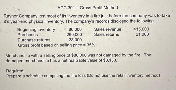 ACC 301 Gross Profit Method
Raynor Company lost most of its inventory in a fire just before the company was to take
it's year-end physical inventory. The company's records disclosed the following.
Beginning inventory
Purchases
Purchase returns
80,000
290,000
28,000
Gross profit based on selling price = 35%
Sales revenue
Sales returns
415,000
21,000
Merchandise with a selling price of $80,000 was not damaged by the fire. The
damaged merchandise has a net realizable value of $8,150.
Required:
Prepare a schedule computing the fire loss (Do not use the retail inventory method)