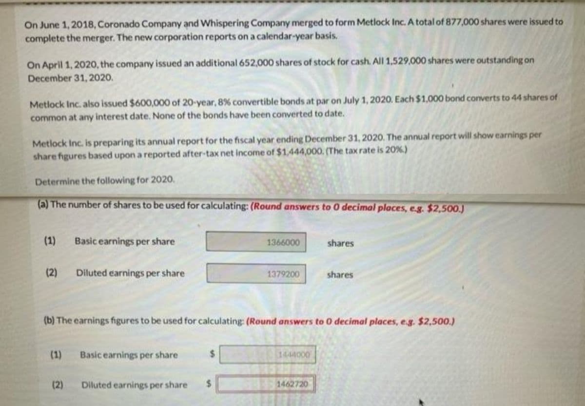 On June 1, 2018, Coronado Company and Whispering Company merged to form Metlock Inc. A total of 877,000 shares were issued to
complete the merger. The new corporation reports on a calendar-year basis.
On April 1, 2020, the company issued an additional 652,000 shares of stock for cash. All 1,529,000 shares were outstanding on
December 31, 2020.
Metlock Inc. also issued $600,000 of 20-year, 8% convertible bonds at par on July 1, 2020. Each $1.000 bond converts to 44 shares of
common at any interest date. None of the bonds have been converted to date.
Metlock Inc. is preparing its annual report for the fiscal year ending December 31, 2020. The annual report will show earnings per
share figures based upon a reported after-tax net income of $1,444,000. (The tax rate is 20%.)
Determine the following for 2020.
(a) The number of shares to be used for calculating: (Round answers to 0 decimal places, eg. $2,500.)
(1)
Basic earnings per share
1366000
shares
(2)
Diluted earnings per share
1379200
shares
(b) The earnings figures to be used for calculating: (Round answers to 0 decimal places, e.g. $2,500.)
(1)
Basic earnings per share
1444000
(2)
Diluted earnings per share
1462720
