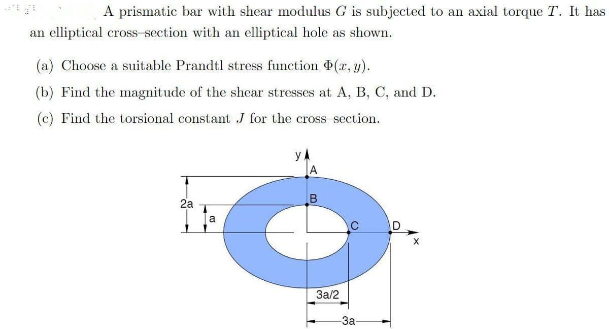 A prismatic bar with shear modulus G is subjected to an axial torque T. It has
an elliptical cross-section with an elliptical hole as shown.
(a) Choose a suitable Prandtl stress function (x, y).
(b) Find the magnitude of the shear stresses at A, B, C, and D.
(c) Find the torsional constant J for the cross-section.
y
A
2а
a
За/2
-За-
