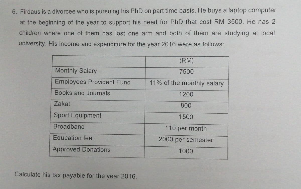6. Firdaus is a divorcee who is pursuing his PhD on part time basis. He buys a laptop computer
at the beginning of the year to support his need for PhD that cost RM 3500. He has 2
children where one of them has lost one arm and both of them are studying at local
university. His income and expenditure for the year 2016 were as follows:
(RM)
Monthly Salary
7500
Employees Provident Fund
11% of the monthly salary
Books and Journals
1200
Zakat
800
Sport Equipment
1500
Broadband
110 per month
Education fee
2000 per semester
Approved Donations
1000
Calculate his tax payable for the year 2016.
