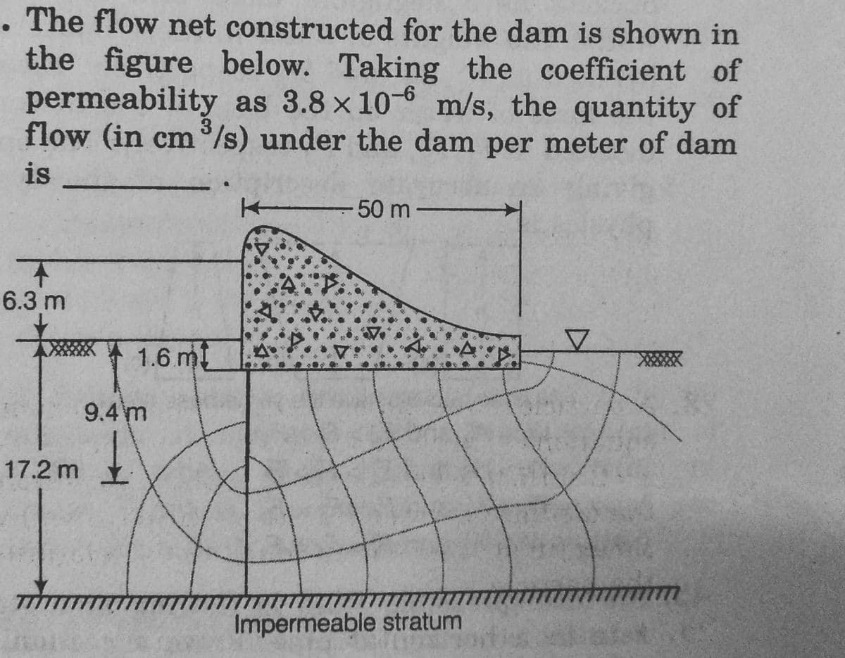 The flow net constructed for the dam is shown in
the figure below. Taking the coefficient of
permeability as 3.8 x 10-6 m/s, the quantity of
flow (in cm ³/s) under the dam per meter of dam
is
+
6.3 m
17.2 m
1.6 ml
9.4 m
↓
K
-50 m-
Impermeable stratum
▼