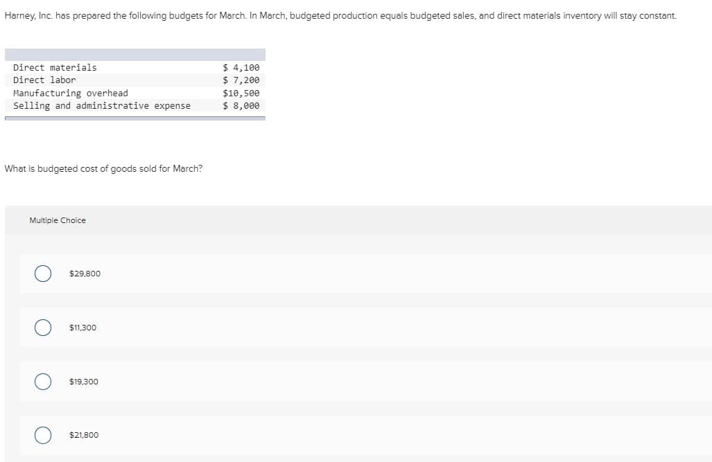 Harney, Inc. has prepared the following budgets for March. In March, budgeted production equals budgeted sales, and direct materials inventory will stay constant.
Direct materials
Direct labor
Manufacturing overhead.
Selling and administrative expense
What is budgeted cost of goods sold for March?
Multiple Choice
O
O
O
$29,800
$11,300
$19,300
$21,800
$ 4,100
$ 7,200
$10,500
$ 8,000