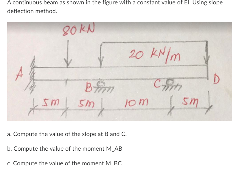 A continuous beam as shown in the figure with a constant value of El. Using slope
deflection method.
80 KN
20 kN/m
D
B
ksm/ 5ml 10m
smj
a. Compute the value of the slope at B and C.
b. Compute the value of the moment M_AB
c. Compute the value of the moment M_BC
[ sm )
f