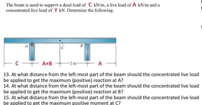 The beam is used to support a dead load of C kN/m, a live load of A kN/m and a
concentrated live load of Y kN. Determine the following.
C
A
13. At what distance from the left-most part of the beam should the concentrated live load
be applied to get the maximum (positive) reaction at A?
14. At what distance from the left-most part of the beam should the concentrated live load
be applied to get the maximum (positive) reaction at B?
15. At what distance from the left-most part of the beam should the concentrated live load
be applied to get the maximum positive moment at C?
A+B
-2 m-