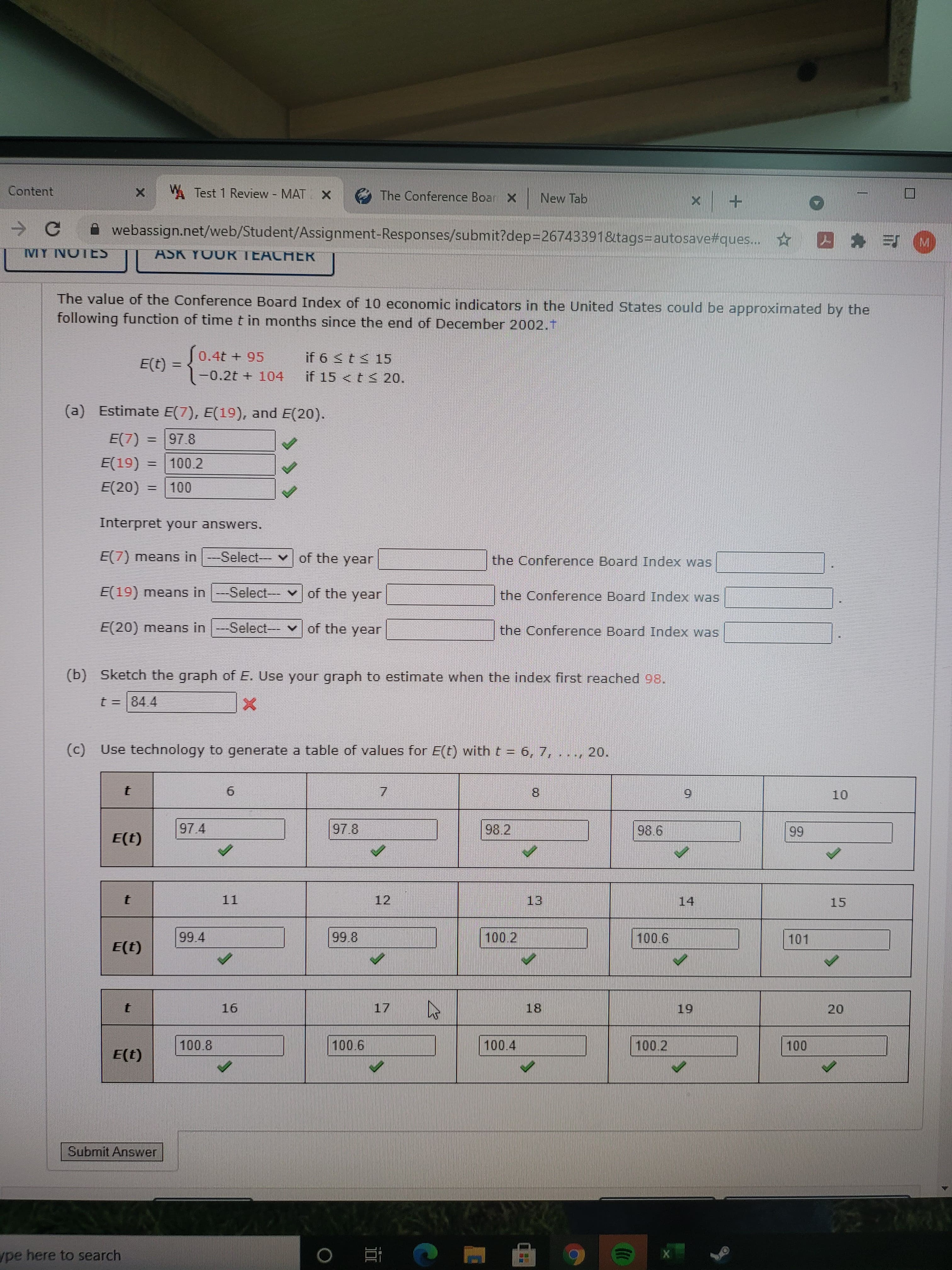 (b) Sketch the graph of E. Use your graph to estimate when the index first reached 98.
t = 84.4
II
