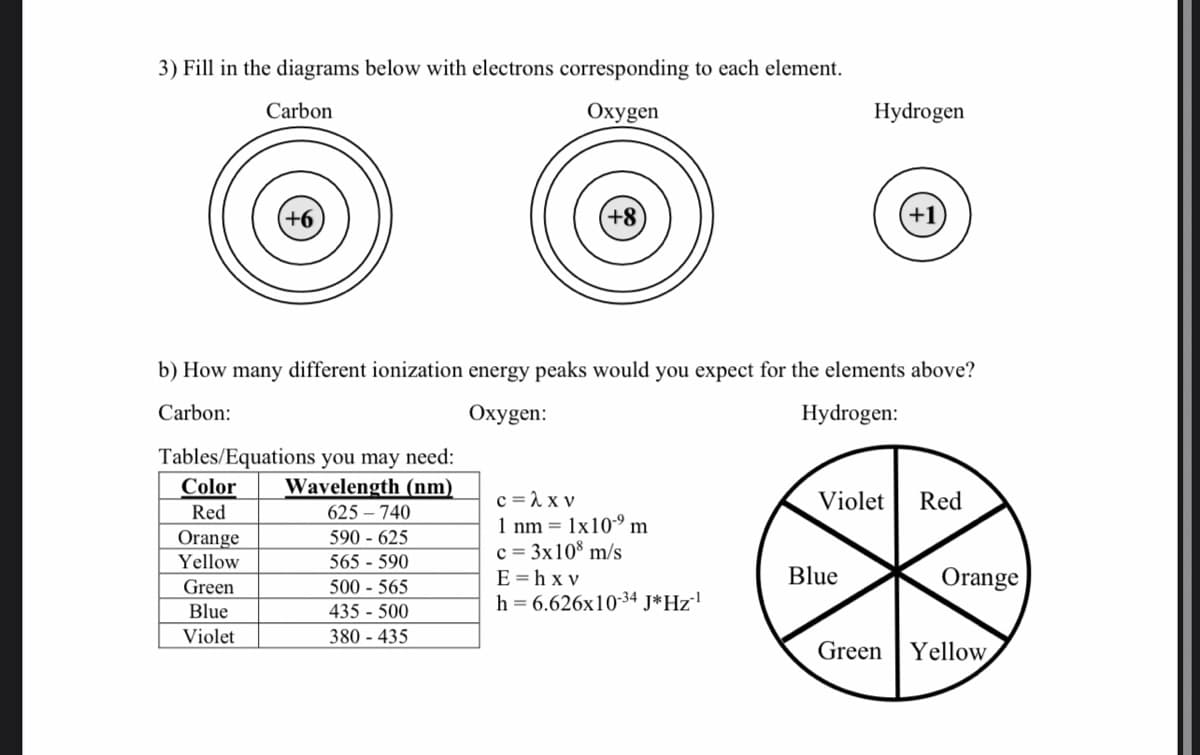 3) Fill in the diagrams below with electrons corresponding to each element.
Carbon
Охygen
Hydrogen
+1
b) How many different ionization energy peaks would you expect for the elements above?
Carbon:
Oxygen:
Hydrogen:
Tables/Equations you may need:
Wavelength (nm)
Color
c =1 x v
1 nm = 1x10-9 m
c = 3x10% m/s
Violet
Red
Red
625 – 740
590 - 625
565 - 590
500 - 565
435 - 500
Orange
Yellow
E = h x v
Blue
Orange
Green
h = 6.626x1034 J*Hz'
Blue
Violet
380 - 435
Green
Yellow,
