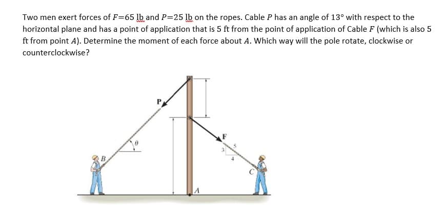 Two men exert forces of F=65 lb and P=25 lb on the ropes. Cable P has an angle of 13° with respect to the
horizontal plane and has a point of application that is 5 ft from the point of application of Cable F (which is also 5
ft from point A). Determine the moment of each force about A. Which way will the pole rotate, clockwise or
counterclockwise?
A
