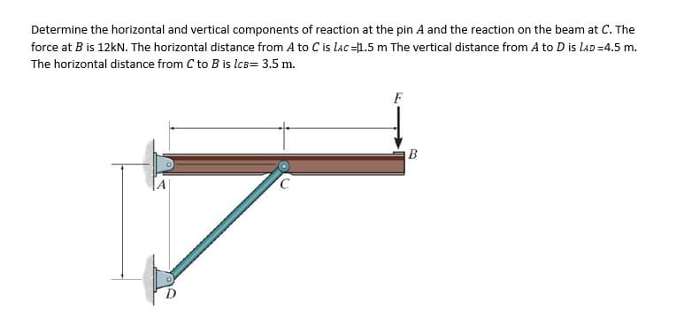 Determine the horizontal and vertical components of reaction at the pin A and the reaction on the beam at C. The
force at B is 12kN. The horizontal distance from A to C is lac =1.5 m The vertical distance from A to D is laD =4.5 m.
The horizontal distance from C to B is lc3= 3.5 m.
F
B
