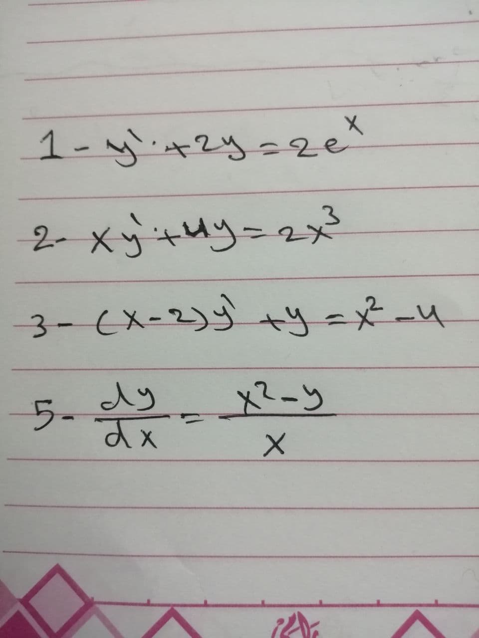 1- yl+2y=2e?
2- xytuy-2x
3-(X-2)y y=x☆_4
5-
dy
パーツ
