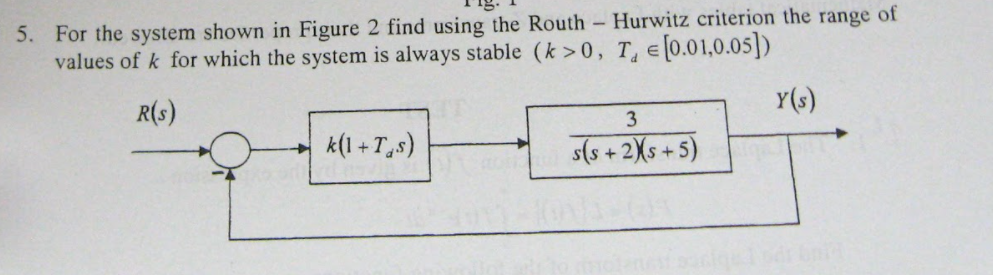 5. For the system shown in Figure 2 find using the Routh Hurwitz criterion the range of
values of k for which the system is always stable (k>0, T e 0.01,0.05])
R(s)
Y(s)
3
k(1 + T,s)
s(s + 2Xs +5)
