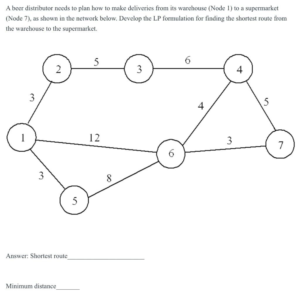 A beer distributor needs to plan how to make deliveries from its warehouse (Node 1) to a supermarket
(Node 7), as shown in the network below. Develop the LP formulation for finding the shortest route from
the warehouse to the supermarket.
1
3
3
2
Answer: Shortest route
Minimum distance
5
5
12
8
3
6
4
3
4
S
7