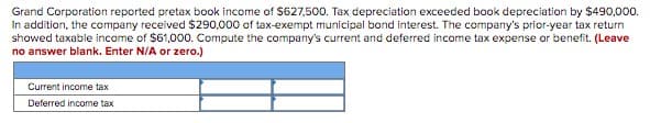 Grand Corporation reported pretax book income of $627,500. Tax depreciation exceeded book depreciation by $490,000.
In addition, the company received $290,000 of tax-exempt municipal bond interest. The company's prior-year tax return
showed taxable income of $61,000. Compute the company's current and deferred income tax expense or benefit. (Leave
no answer blank. Enter N/A or zero.)
Current income tax
Deferred income tax
