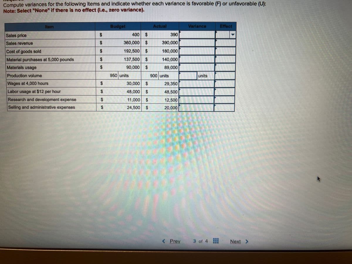 Compute variances for the following items and indicate whether each variance is favorable (F) or unfavorable (U):
Note: Select "None" if there is no effect (i.e., zero variance).
Sales price
Sales revenue
Cost of goods sold
Material purchases at 5,000 pounds
Materials usage
Production volume
Wages at 4,000 hours
Labor usage at $12 per hour
Research and development expense
Selling and administrative expenses
$
$
$
$
$
$
$
Budget
400 $
360,000
$
192,500 $
137,500 $
90,000 $
950 units
30,000 $
48,000 $
11,000 $
24,500 $
Actual
390
390,000
180,000
140,000
89,000
900 units
29,350
48,500
12,500
20,000
Prev
***KKANAK-ANA
Variance
units
3 of 4
Next
BEETERMEER******