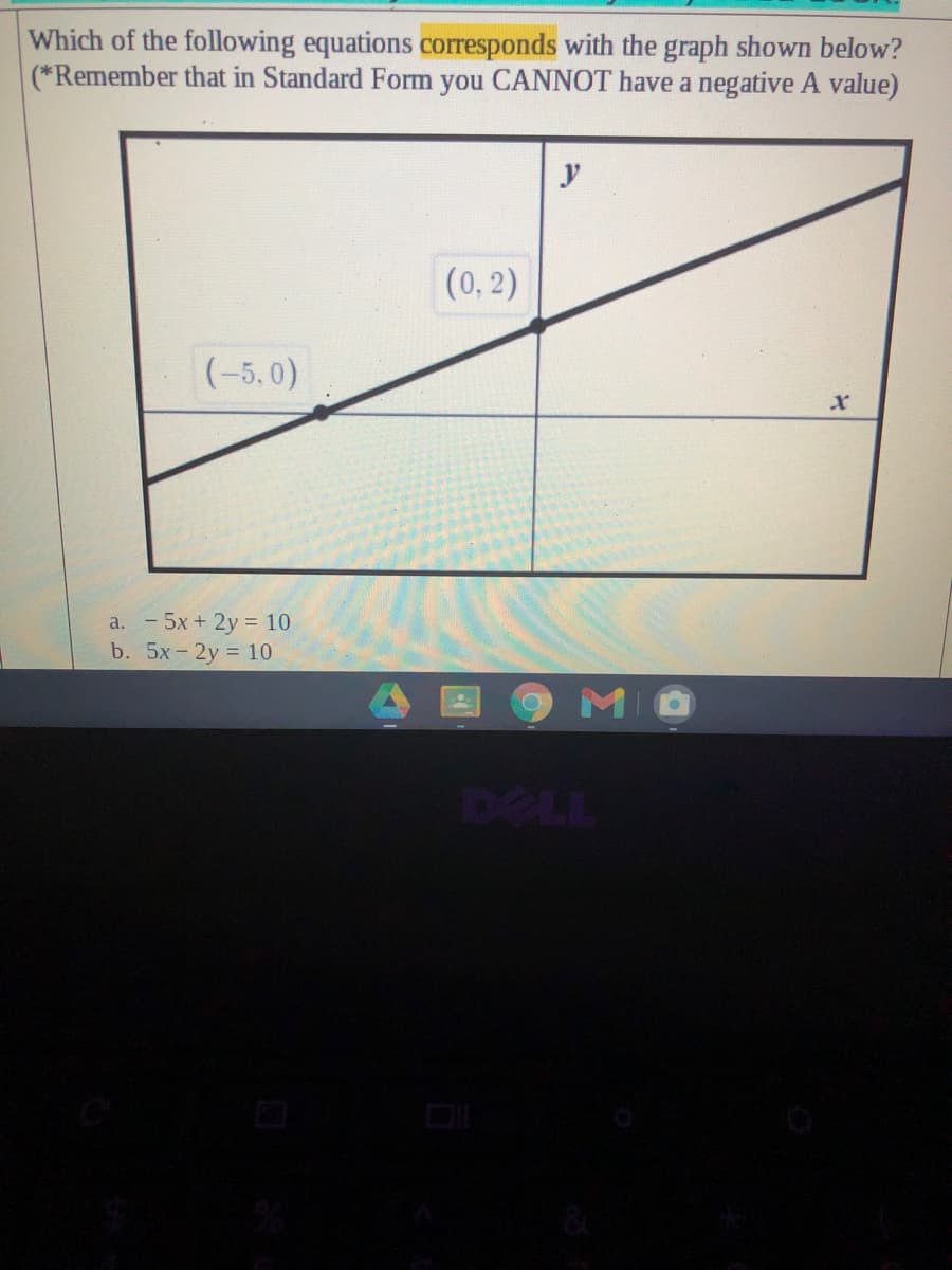 Which of the following equations corresponds with the graph shown below?
(*Remember that in Standard Form you CANNOT have a negative A value)
y
(0,2)
(-5.0)
a. - 5x + 2y = 10
b. 5x-2y 10
MO
DELL
