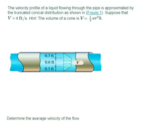 The velocity profile of a liquid flowing through the pipe is approximated by
the truncated conical distribution as shown in (Figure 1). Suppose that
V = 4 ft/s. Hint: The volume of a cone is V= πr² h.
0.3 ft
0.6 ft
0.3 ft
V
Determine the average velocity of the flow.